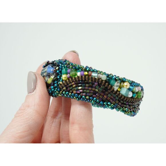 Beaded Cuff Bracelet Dichroic Glass Center Crystal Gems Zipper Hand‎ Made - Picture 9 of 9